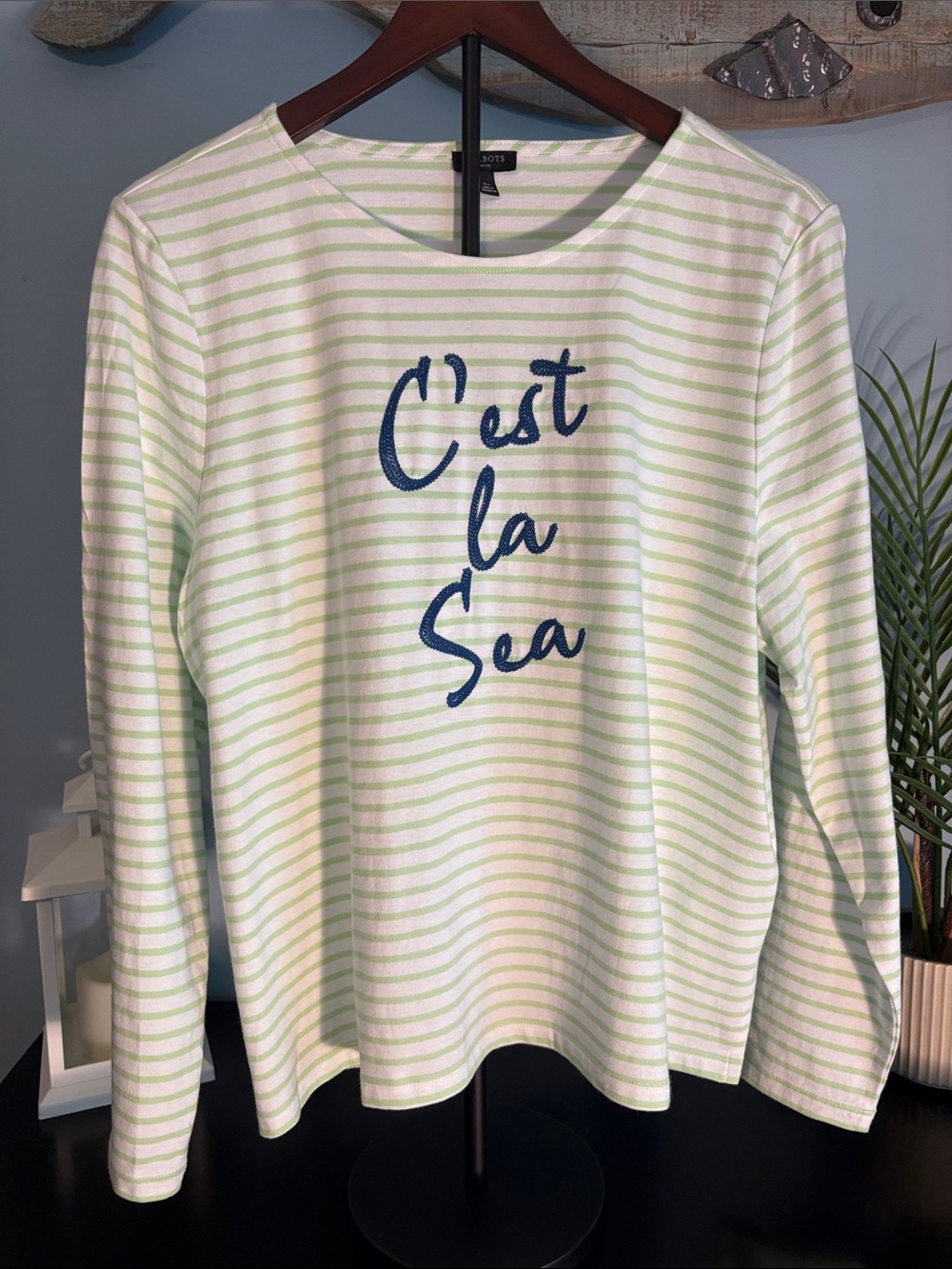 Talbots Striped Long Sleeve Tee in White and Light Green with Navy Script